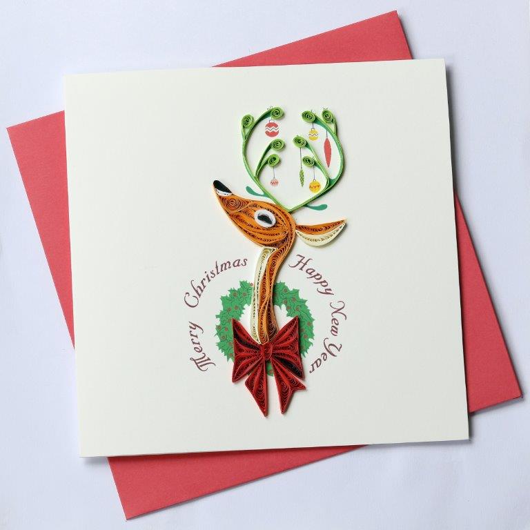 Hand Quilled Greeting Card Reindeer with Wreath #10407