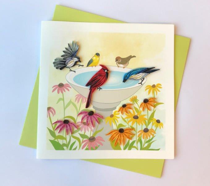 Hand Quilled Greeting Card Birdbath #10738