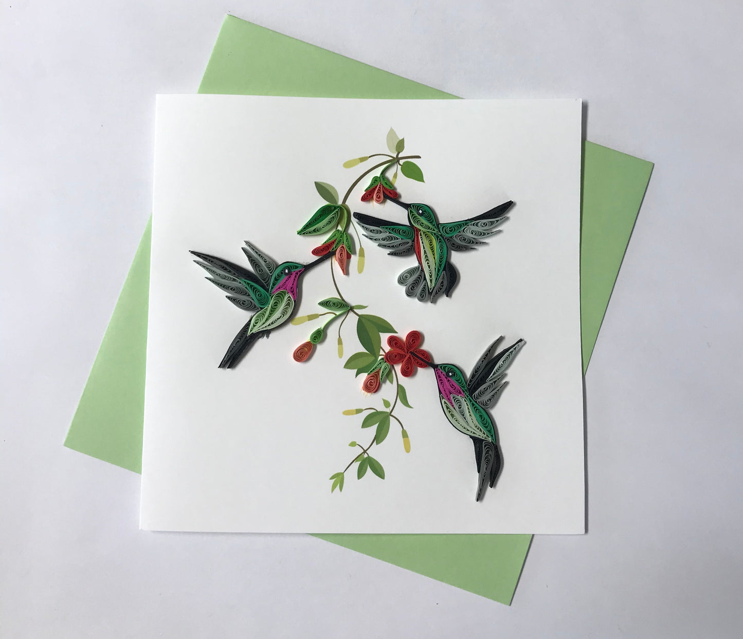 Hand Quilled Greeting Card Hummingbird Trio #QC10911