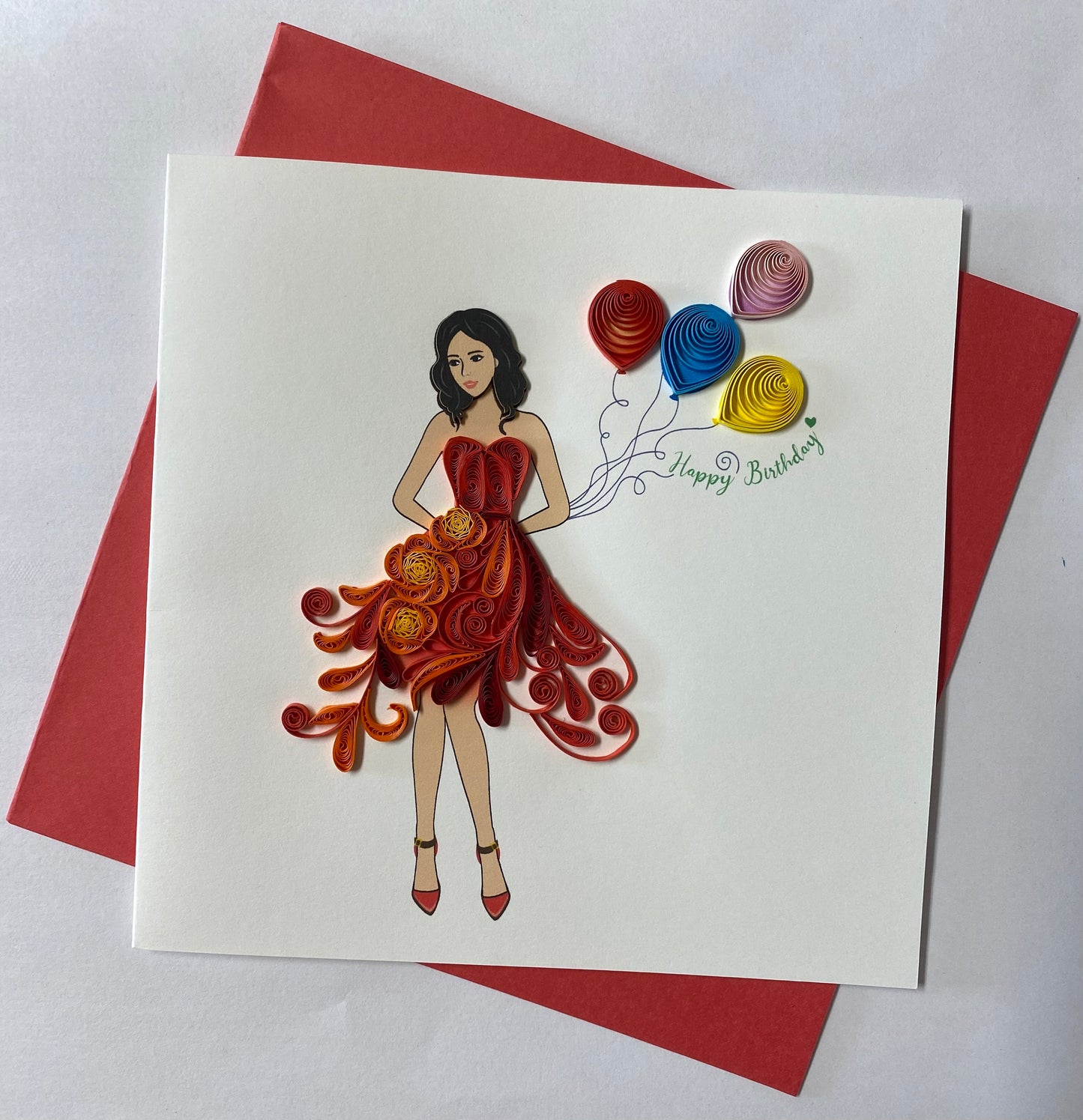 Hand Quilled Greeting Card Red Dress Balloons #10993
