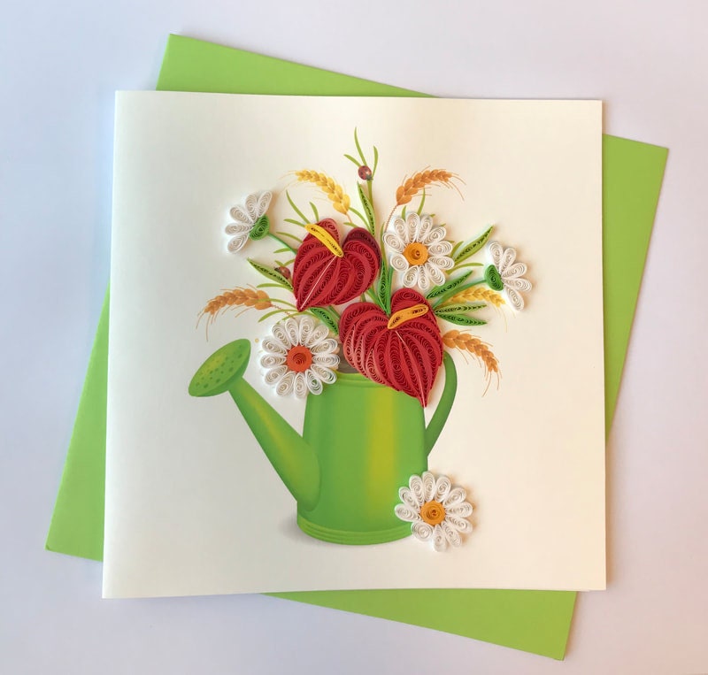 Hand Quilled Greeting Card Floral Watering Can #QC10759
