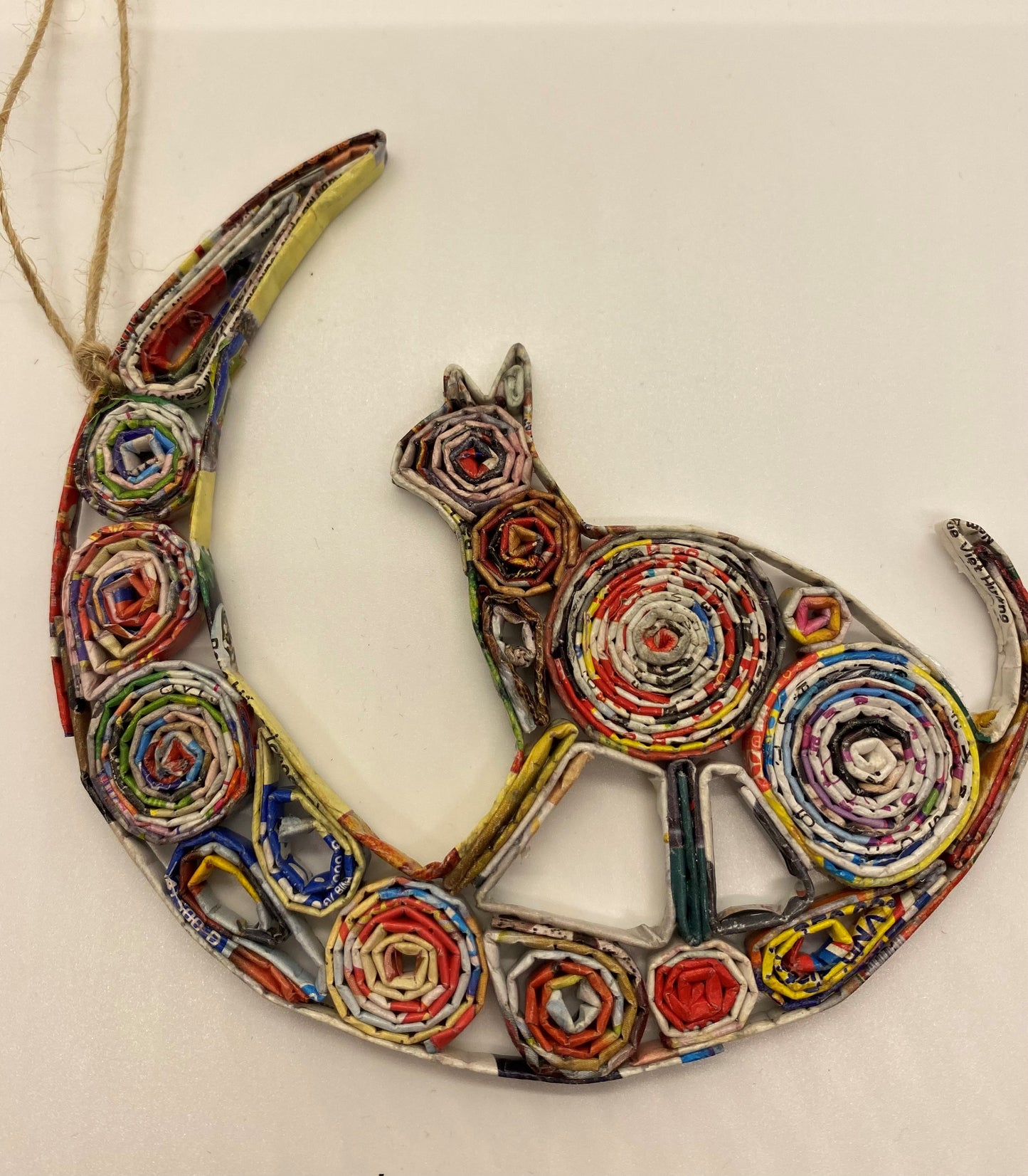 Hand Quilled Recycled Magazine Cat Crescent Moon Ornament #11088