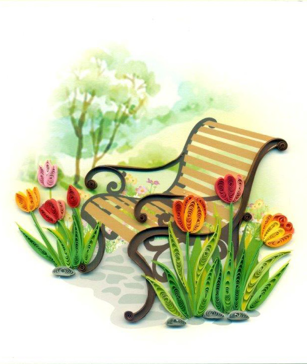 Hand Quilled Greeting Card Park Bench Tulips #10635