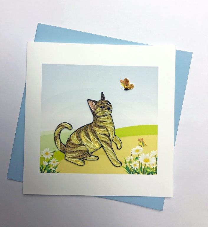 Hand Quilled Greeting Card Playful Cat #10290