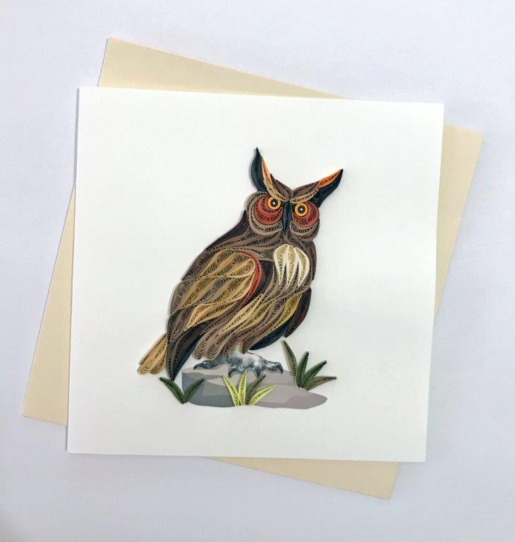 Hand Quilled Greeting Card Great Horned Owl #10317