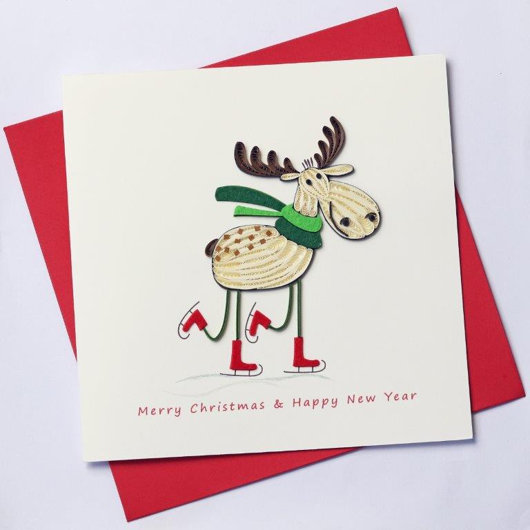 Hand Quilled Greeting Card Skating Reindeer #10409