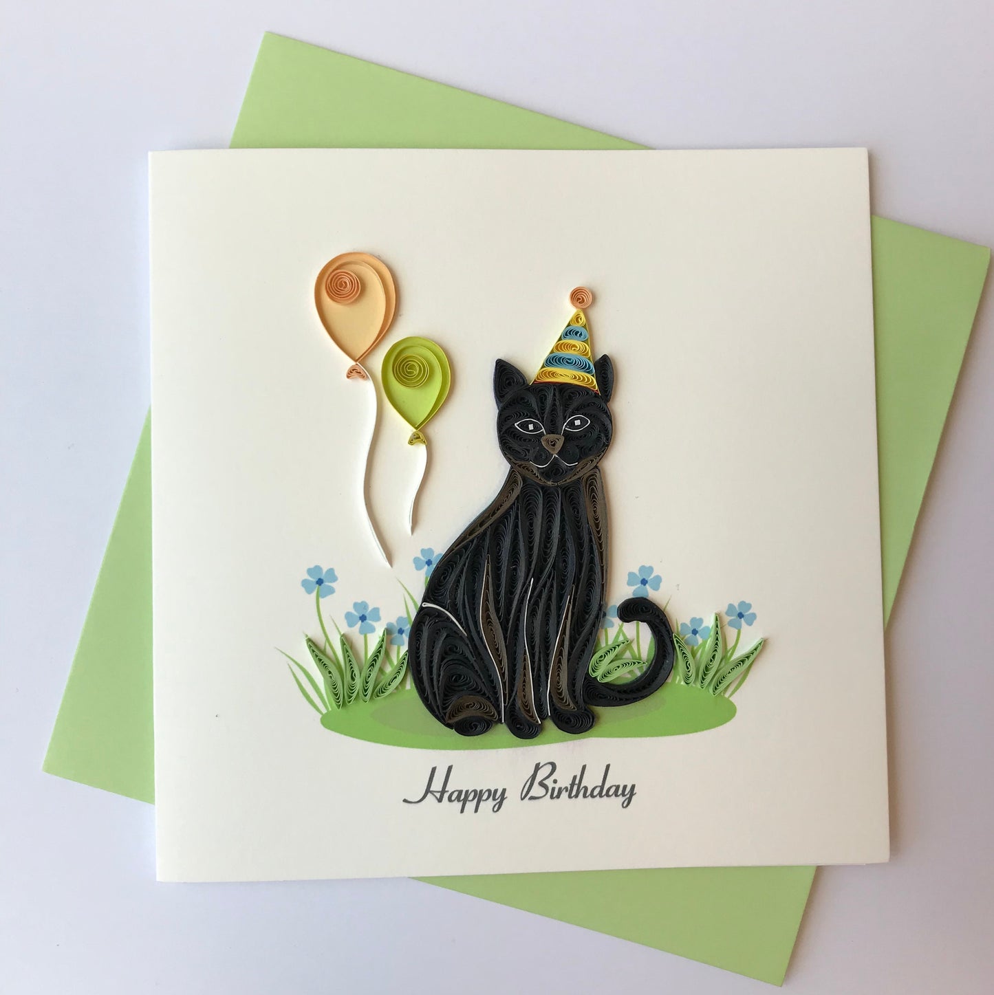 Hand Quilled Greeting Card Cat Happy Birthday #10571