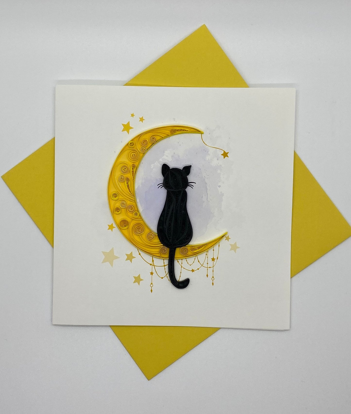 Hand Quilled Greeting Card Cat on Moon #QC12012